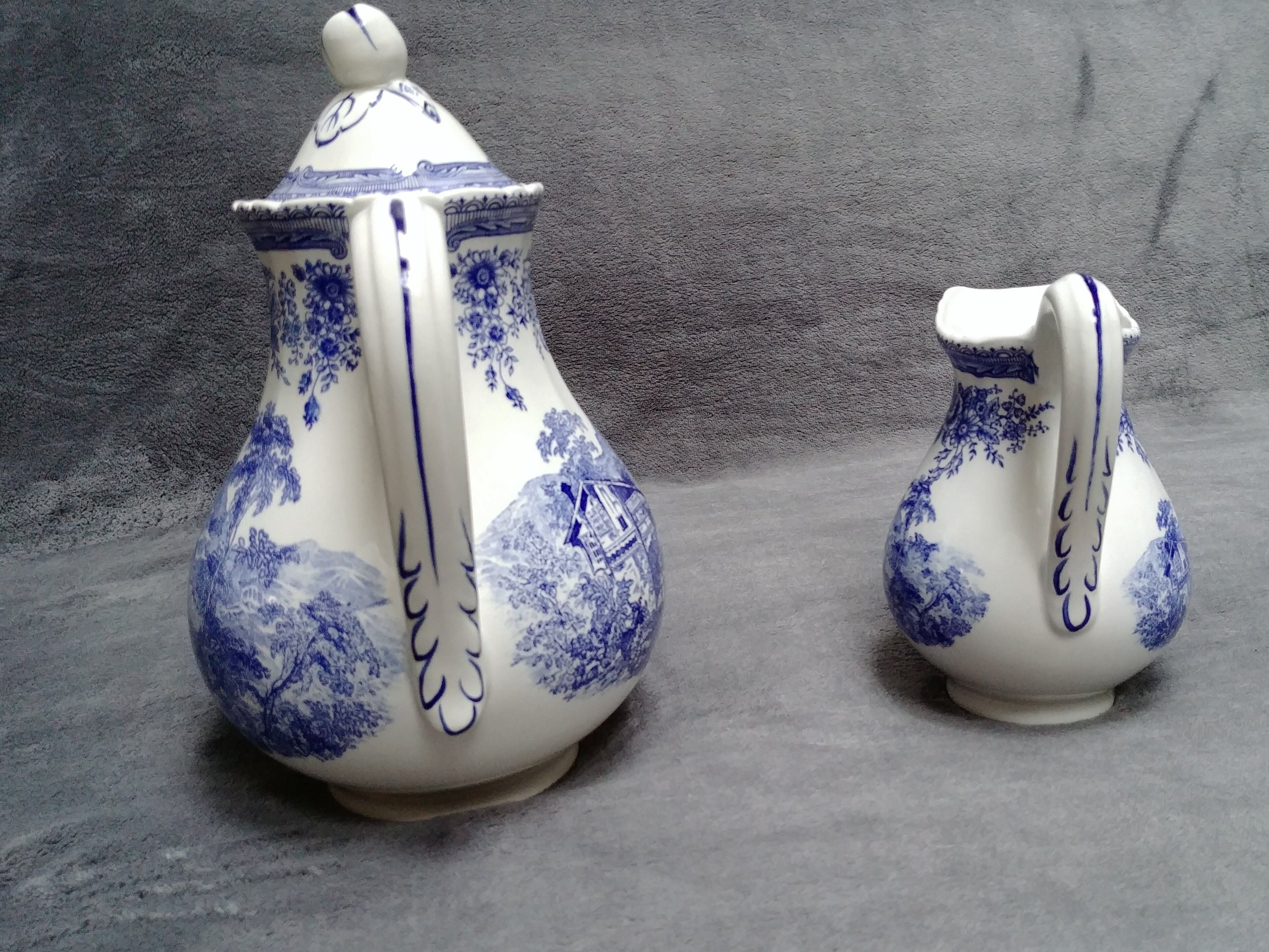 Pouring coffee maker and its milk pot in Luneville earthenware setting Excelsior - TB state - Vintage