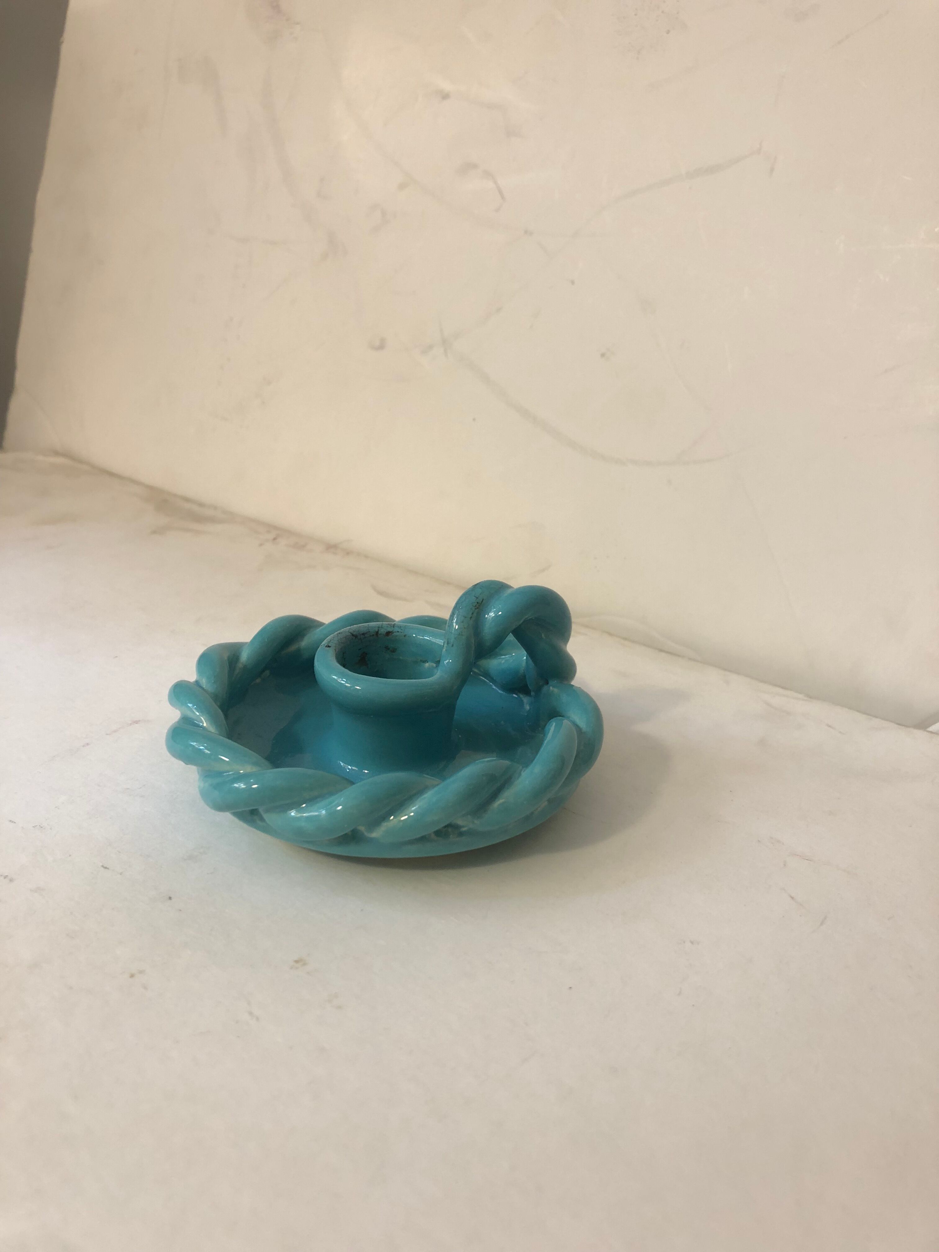 Turquoise earthenware candle holder and ashtray