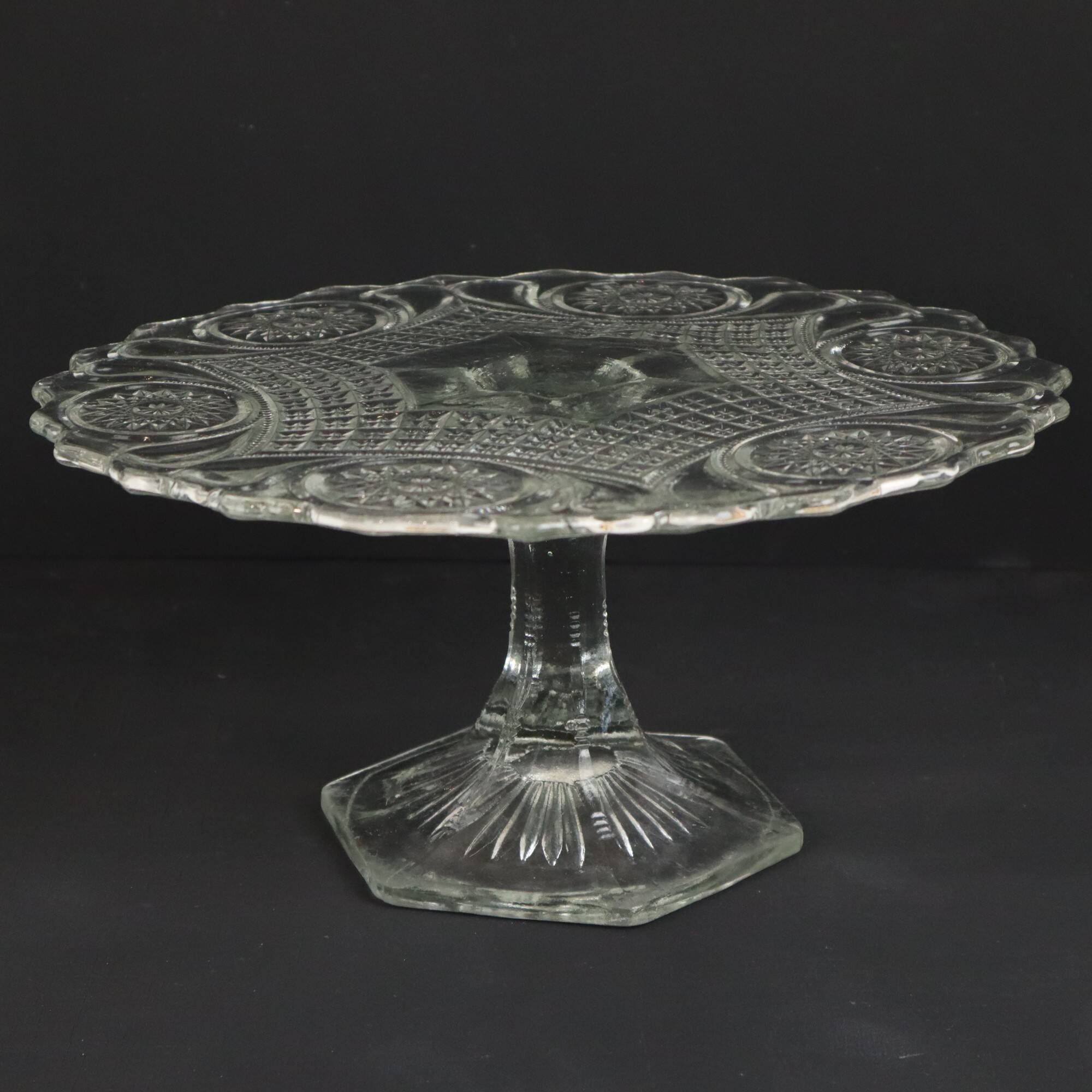 Clear Art Deco Cake Stand Pressed Glass Star Motif Cake Stand