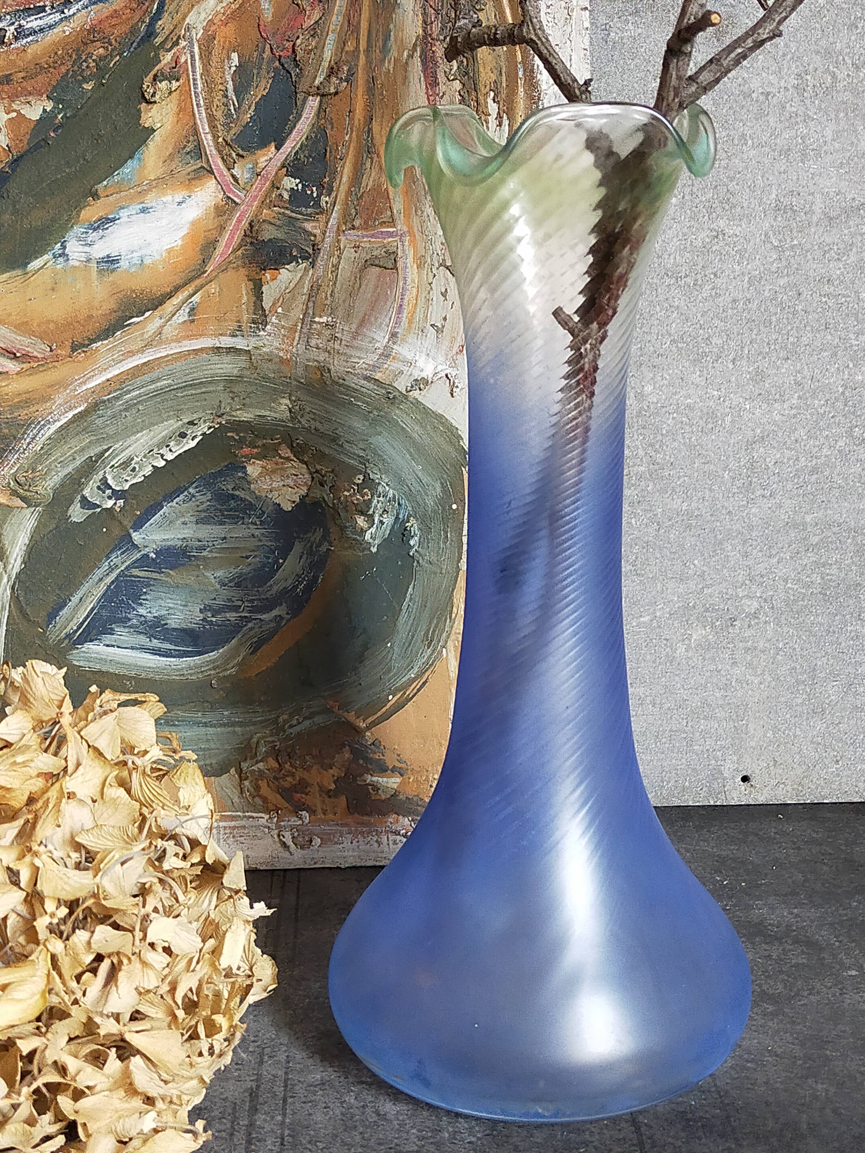 Blown glass vase frosted effect blue and vintage green