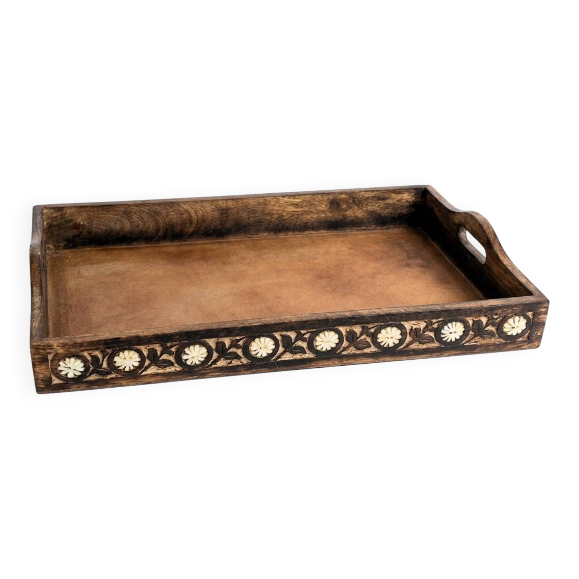 Vintage handcrafted service platter in carved and inlaid wood, India.