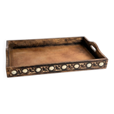 Carved and inlaid wooden serving platter, handmade, vintage Indian craftsmanship.