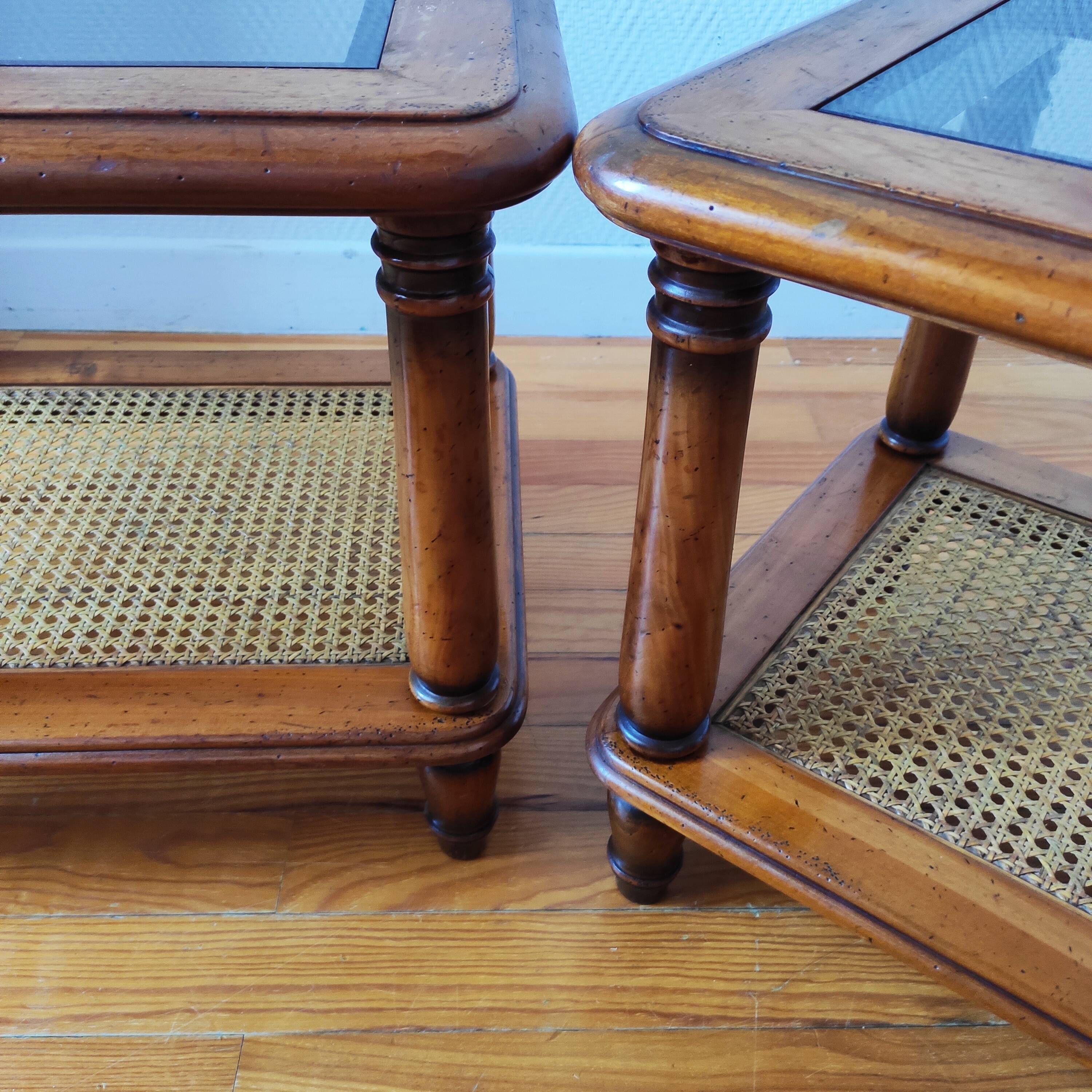 Pair of wooden and cane sofa ends