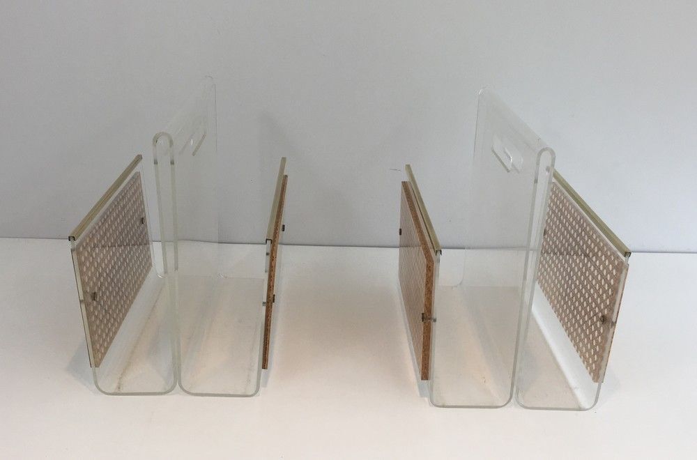 Pair of magazine racks in plexiglass, brass and inlaid caning in the style of Christian Dior and Gabriella Crespi