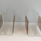 Pair of magazine racks in plexiglass, brass and inlaid caning in the style of Christian Dior and Gabriella Crespi