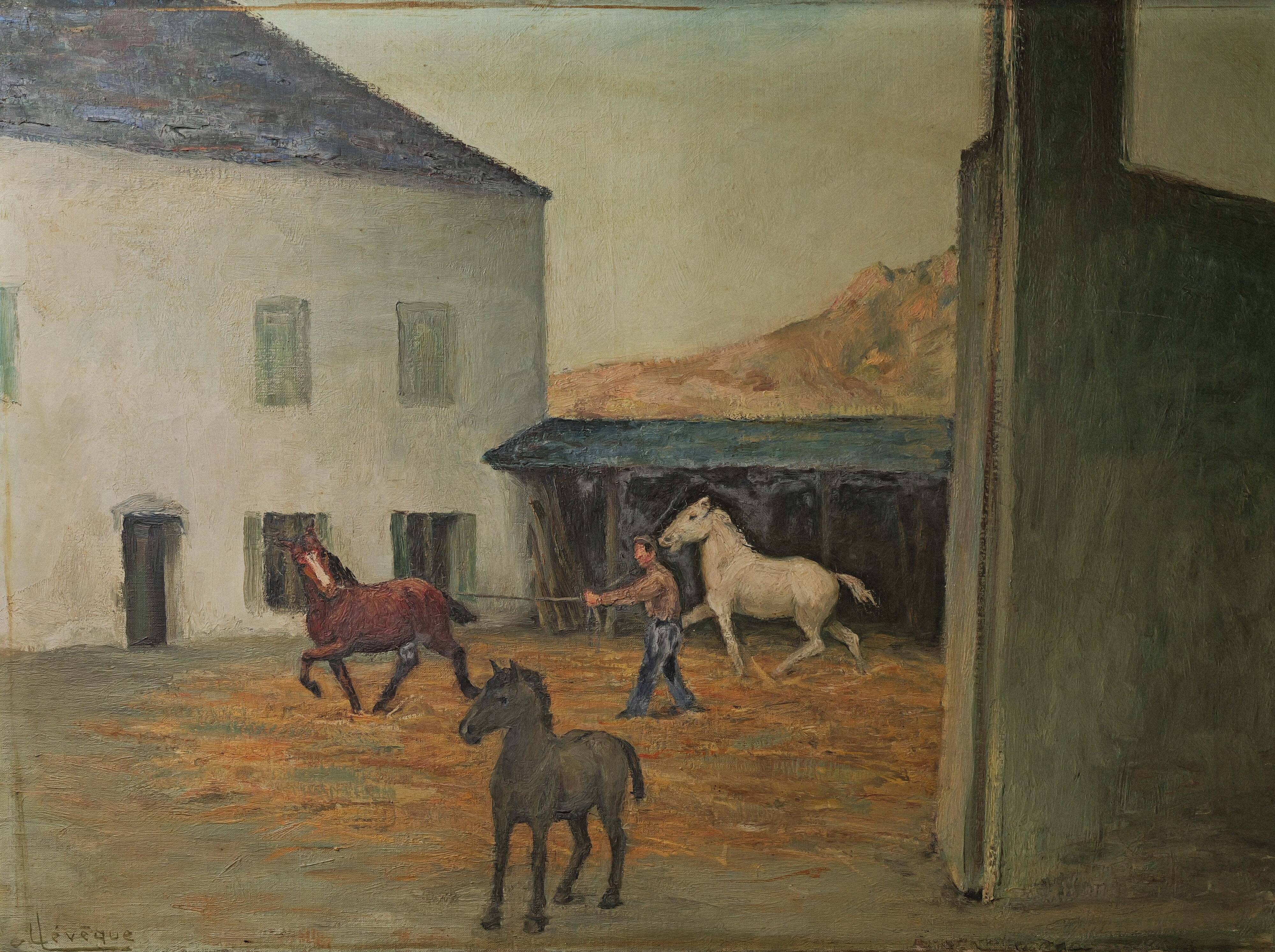 Oil on canvas, horse training, signed, circa 1950