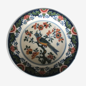 Assiette murale en faïence à décor de peinture de fleurs et oiseau 28 cm