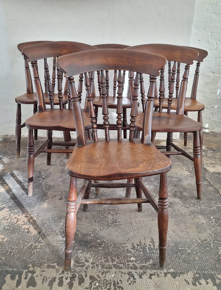 Antique set of 6 farmhouse patinated oak dining chairs, 19th century