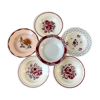 Set of 6 hollow plates mismatched pink badonviller and sarreguemines "roses" and "bastia"