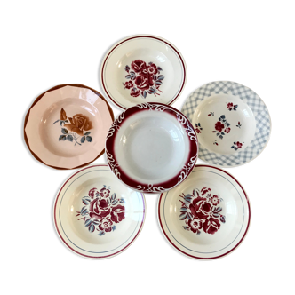 Lot de 6 assiettes creuses dépareillées roses badonviller et sarreguemines "roses" et "bastia"