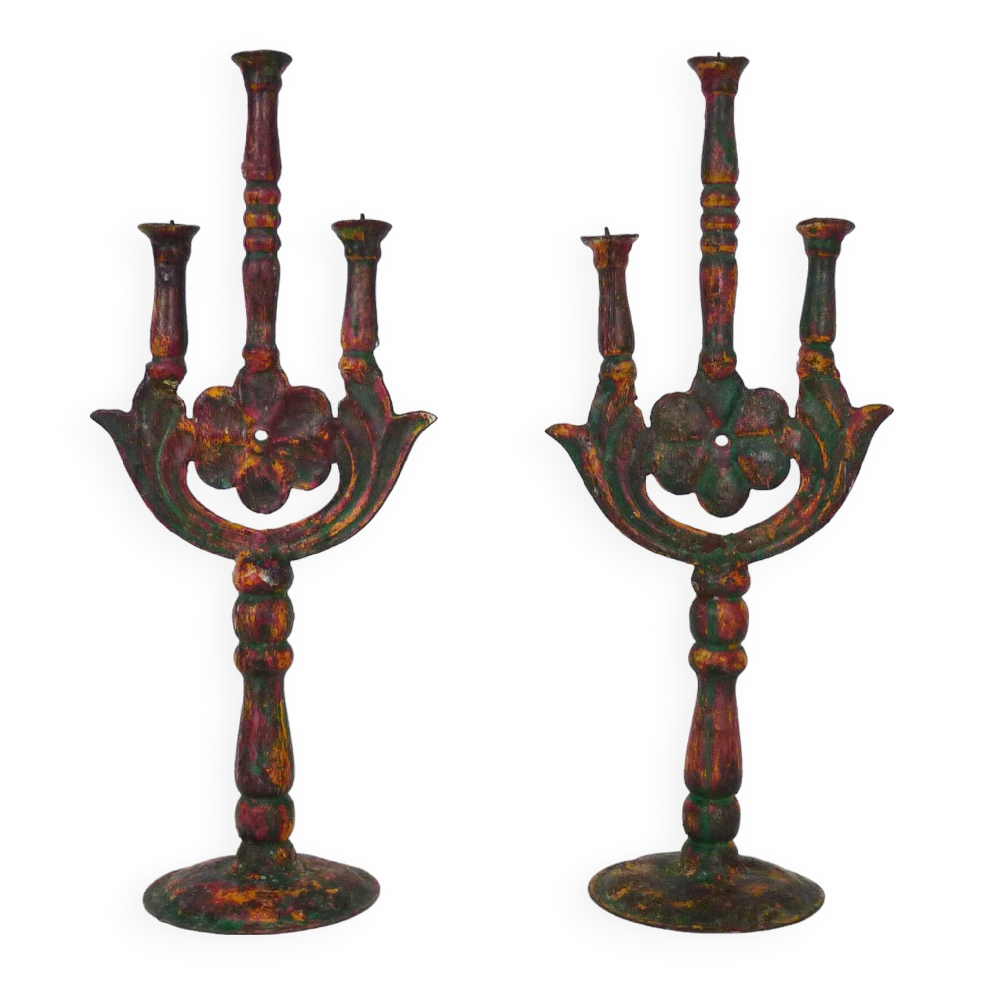 Pair of ethnic Indian candlesticks in vintage metal from the 60s