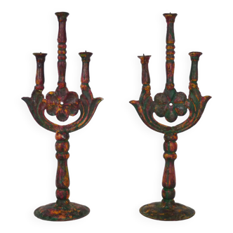 Pair of ethnic Indian candlesticks in vintage metal from the 60s