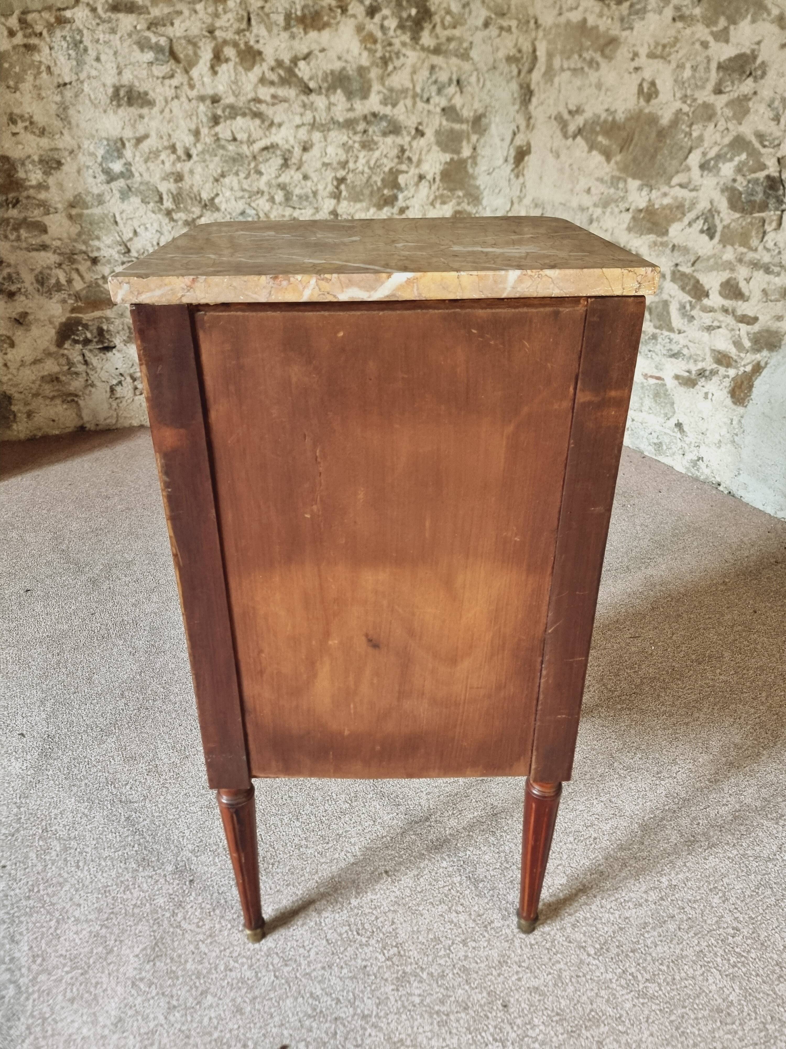 Antique French mahogany and walnut bedside table with marble top
