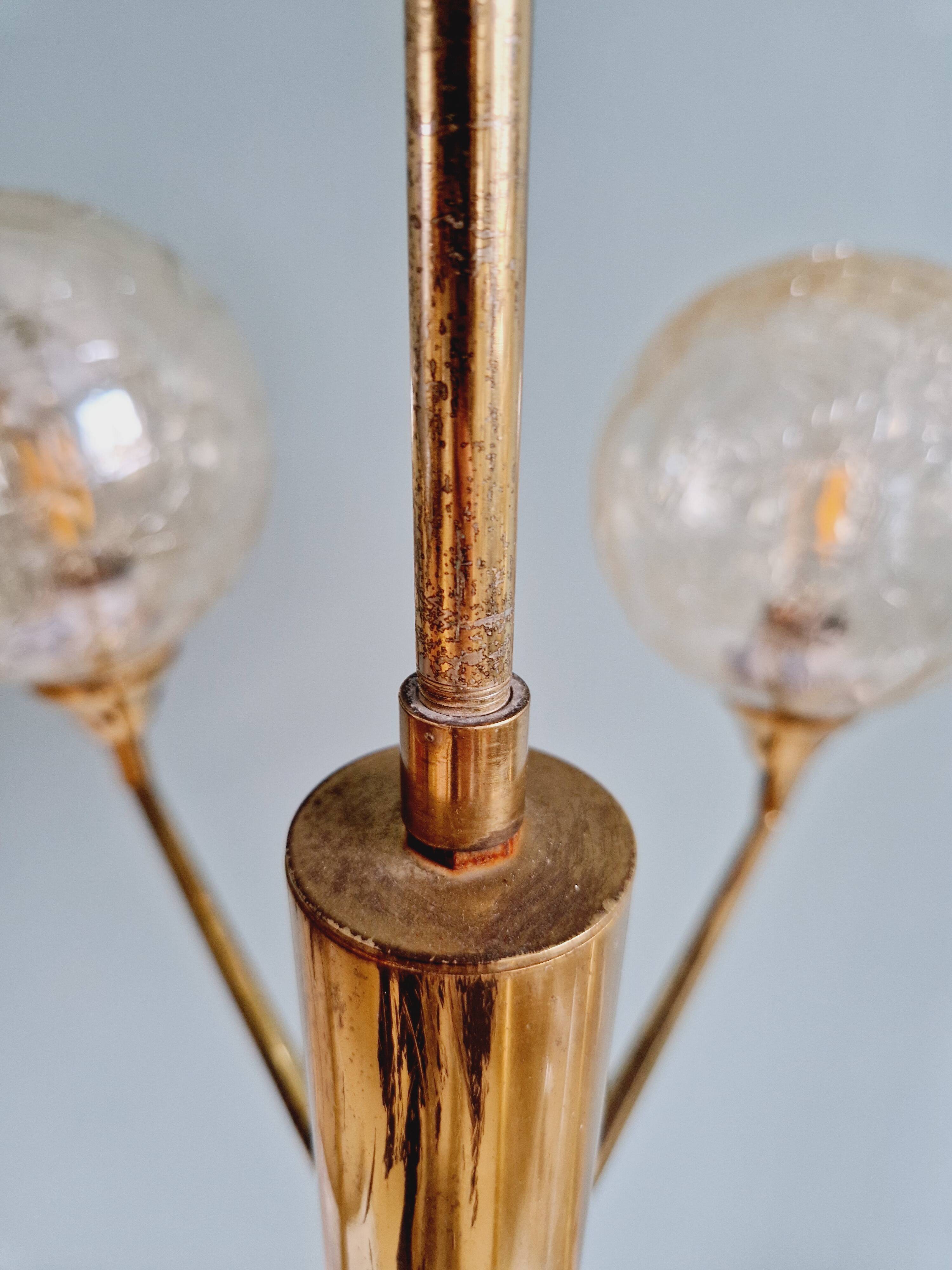 Brass chandelier with amber cracked glass globes, 1950s-60s