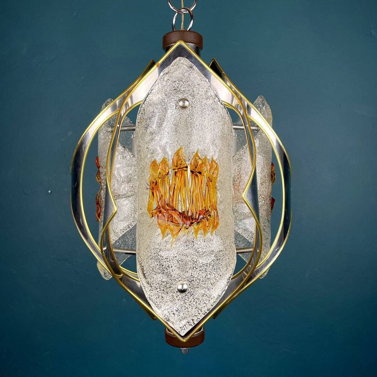 Amber chrome chandelier Murano mid-century by Toni Zuccheri for Mazzega, Italy, 1970s.