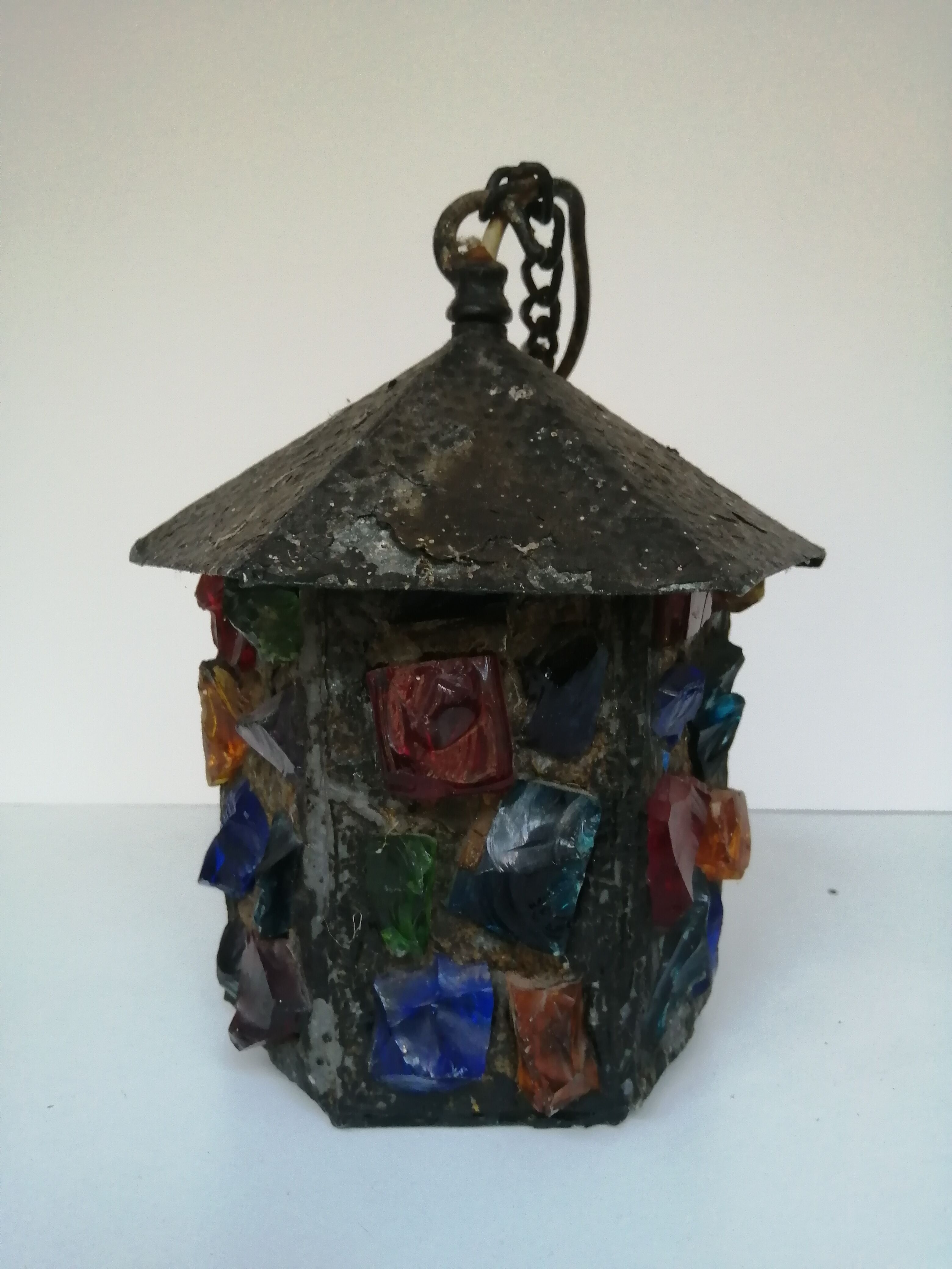 Peter Marsh porch lantern, colored glass, lead and Hammered Sheet metal, 1950s Arts & Crafts