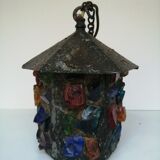 Peter Marsh porch lantern, colored glass, lead and Hammered Sheet metal, 1950s Arts & Crafts