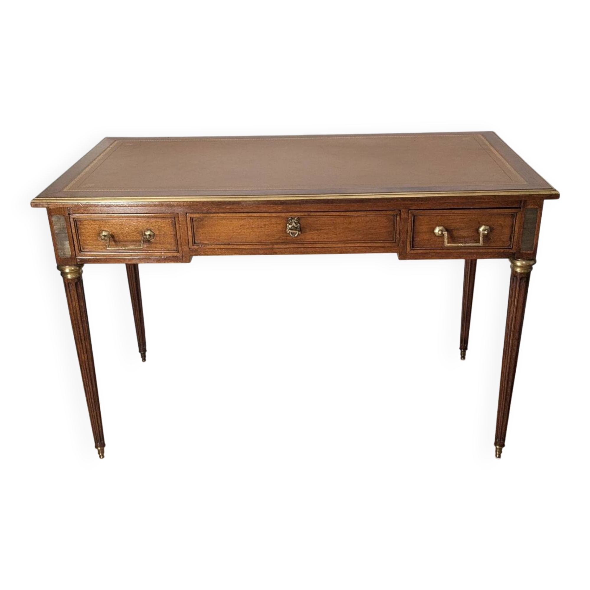 Antique Louis XVI style vintage desk, leather, brass, cherry wood
