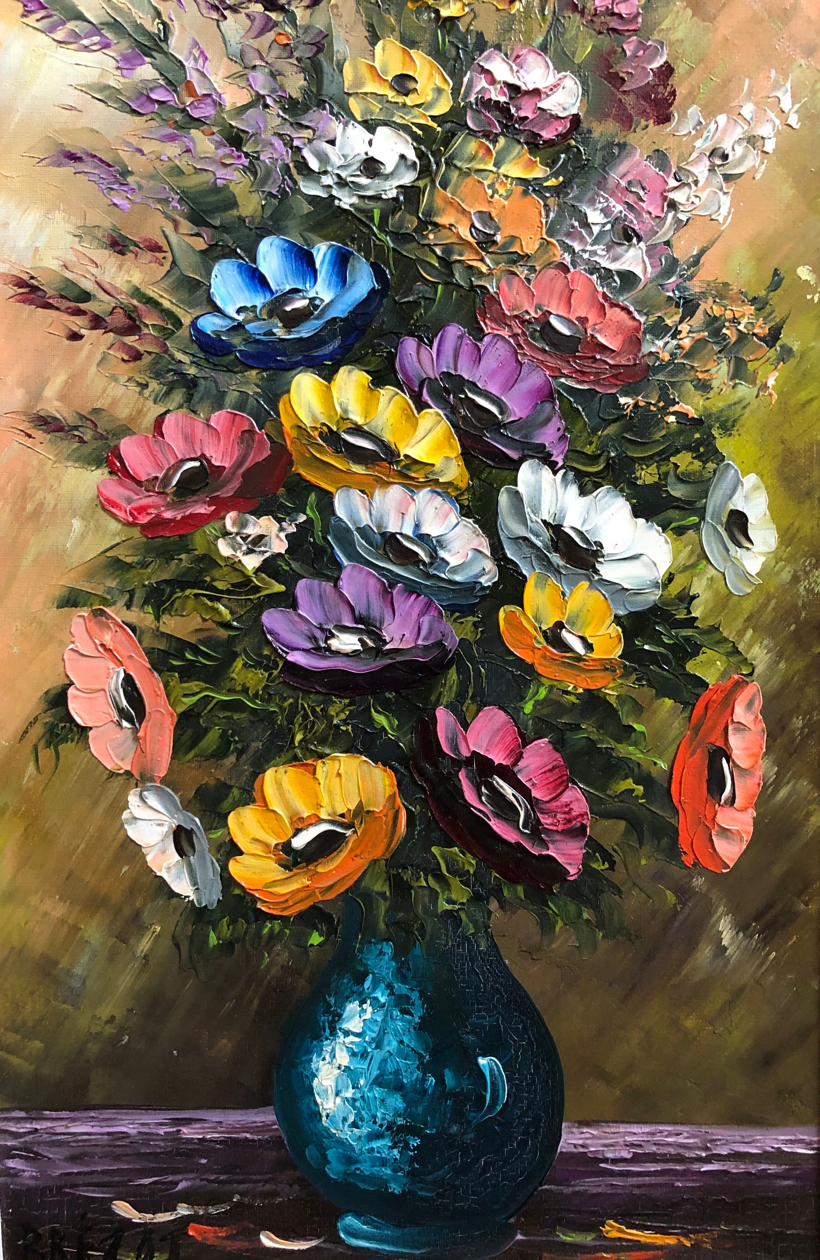 Oil on canvas, still life with anemones