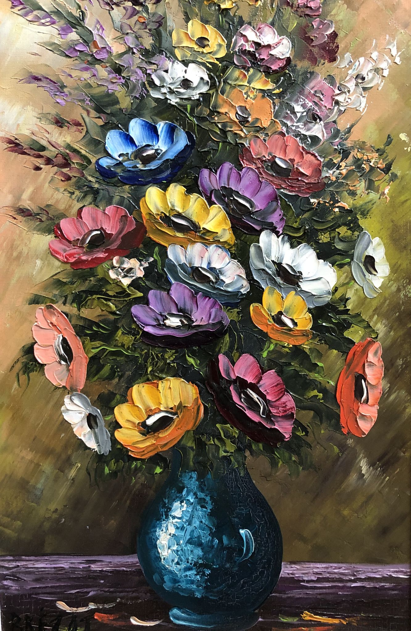 Huile sur toile, nature morte aux anémones