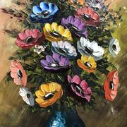 Huile sur toile, nature morte aux anémones