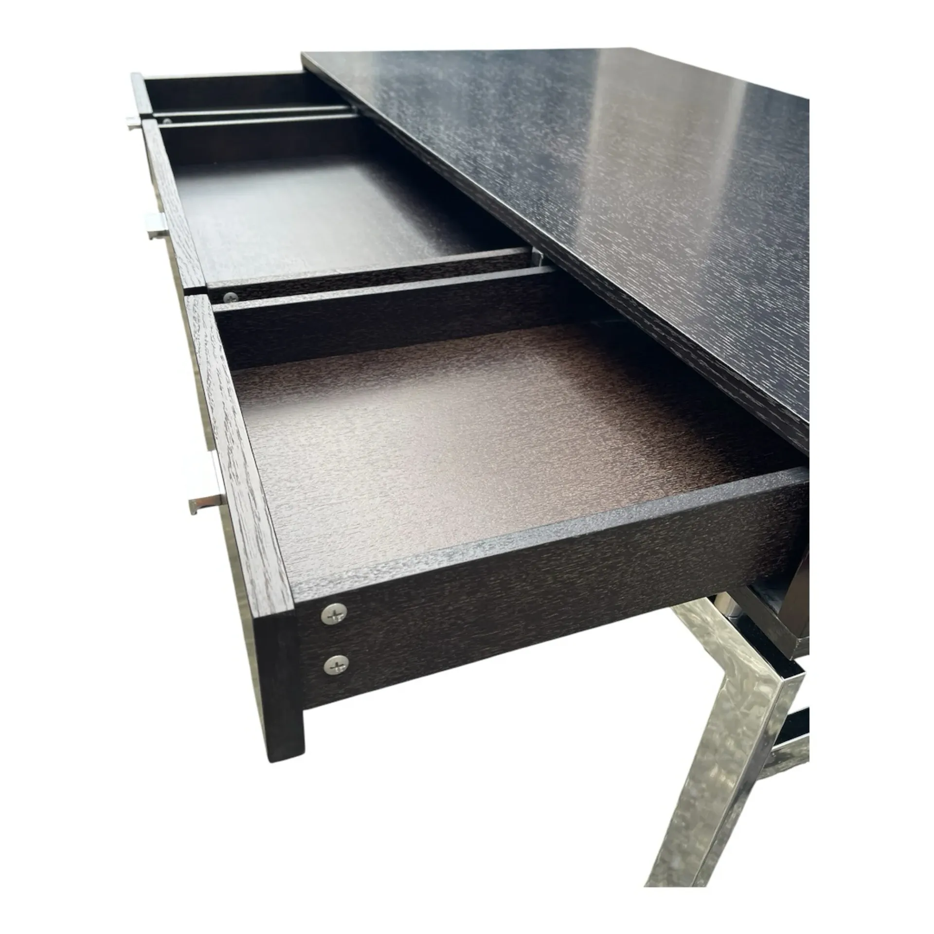Large textured black lacquered flat desk and chrome in 1970s style — Esprit Mai