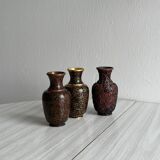 3 petits vases cloisonnés en métal ancien