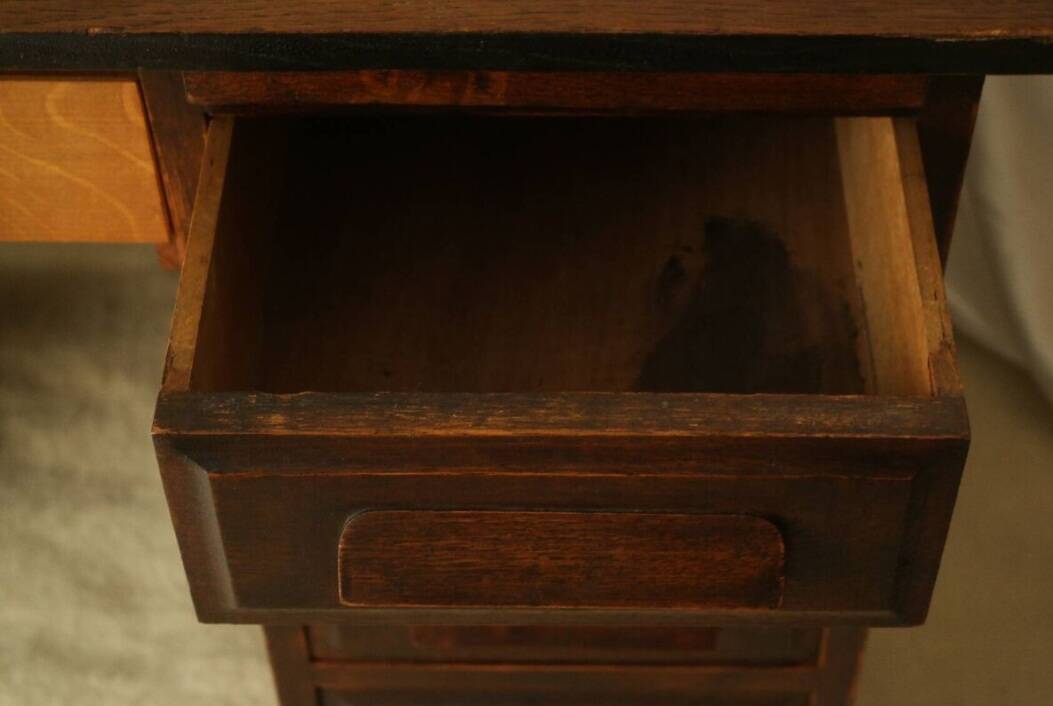 Vintage oak desk with its stool.