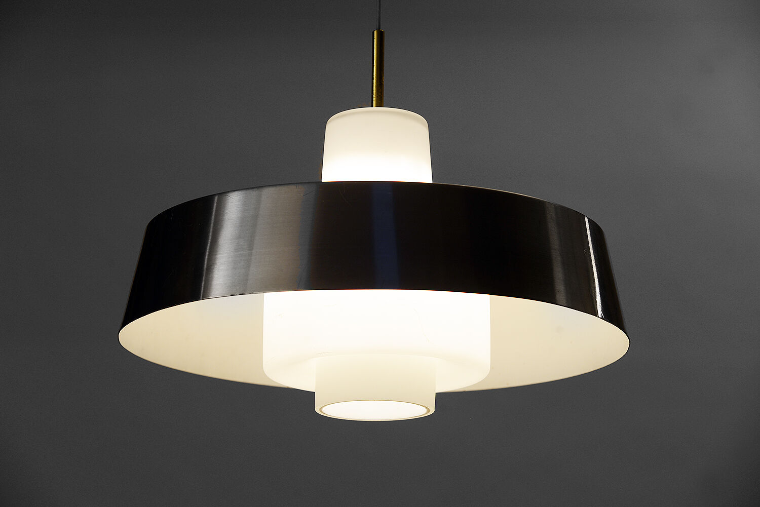 Opac glass and brushed aluminium pendant light. Sweden 1960s