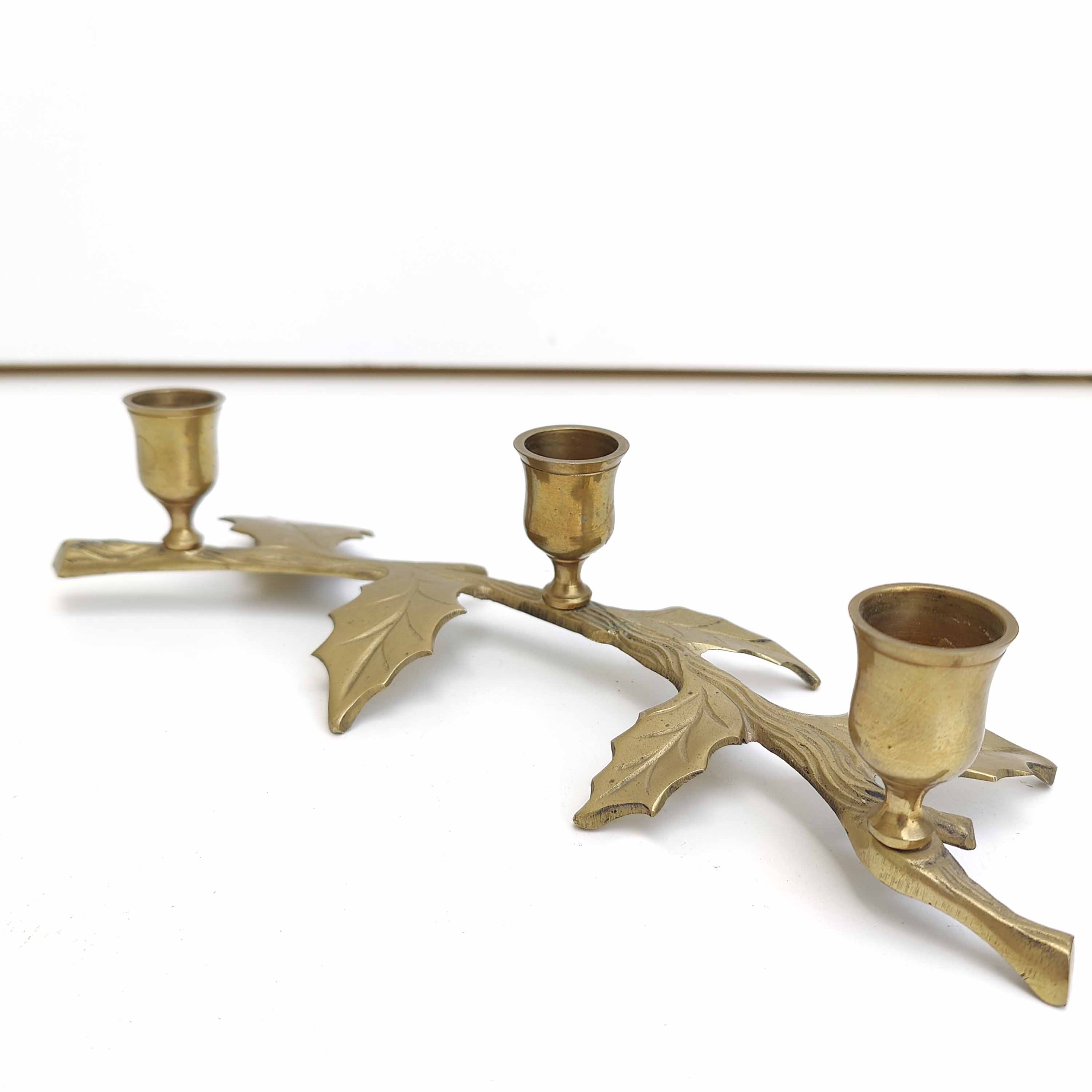 Brass "holly leaves" candle holder for 3 candles