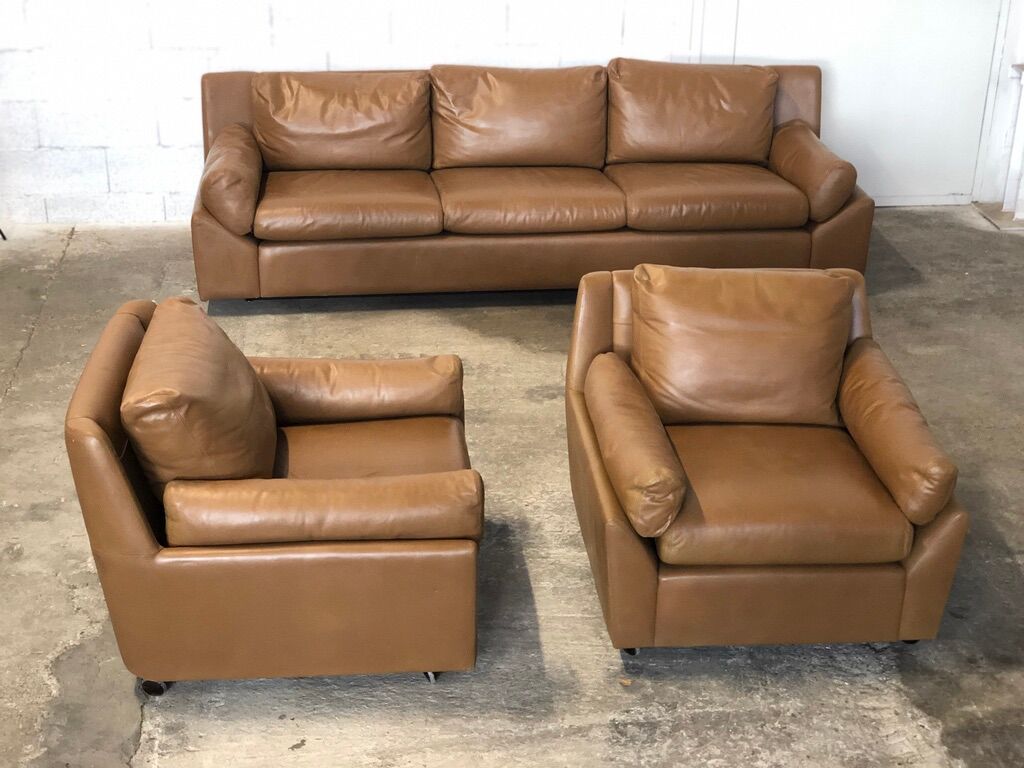 Vintage leather living room set by Edelhard Harlis for Mobilier International, California 1955