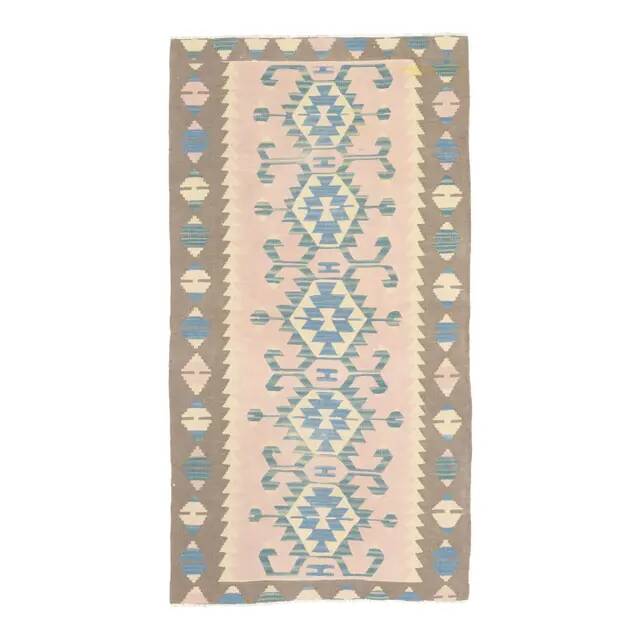 1970s Vintage Turkish Oushak Handmade Wool Cotton Pink Runner Rug 93x176