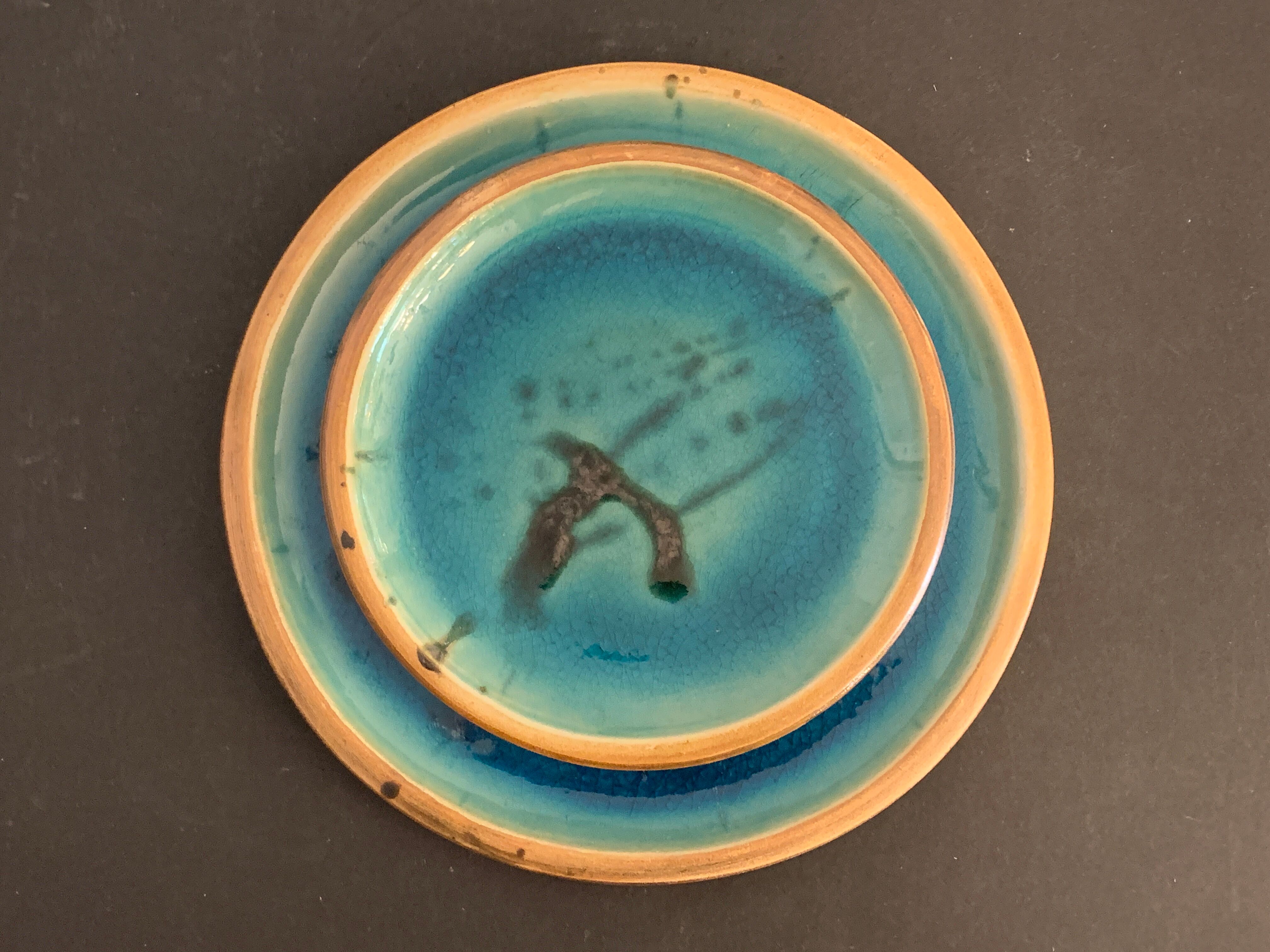 4 flat plates in blue enamelled ceramic La Poterie de la Colombe