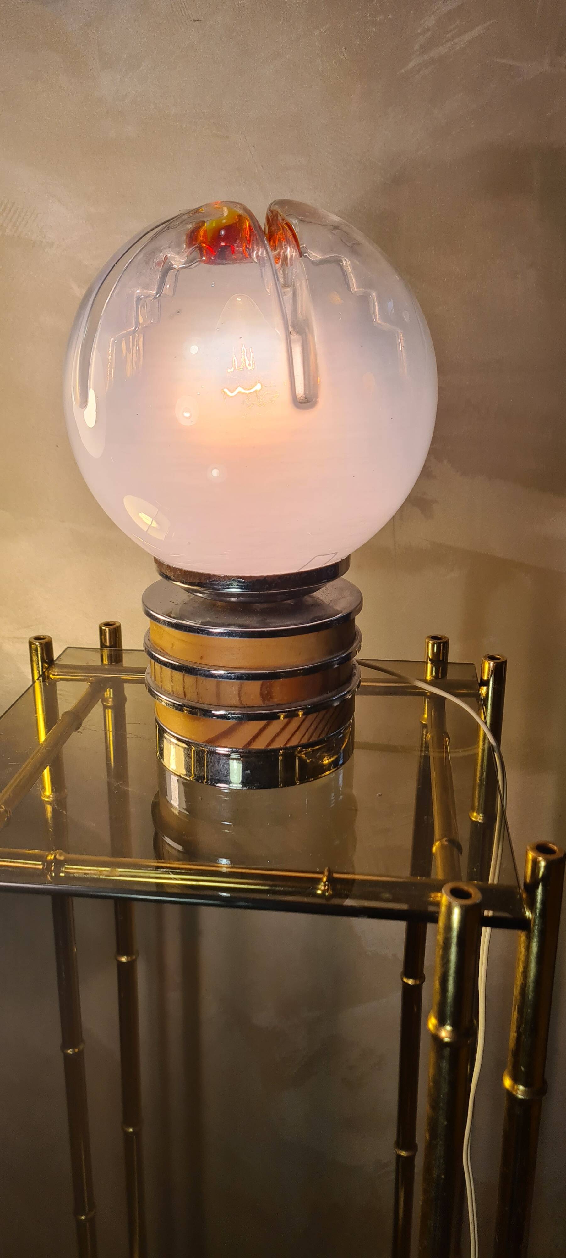 Vintage Murano glass lamp Mazzega, 22x15, chrome and wood Italy 1970