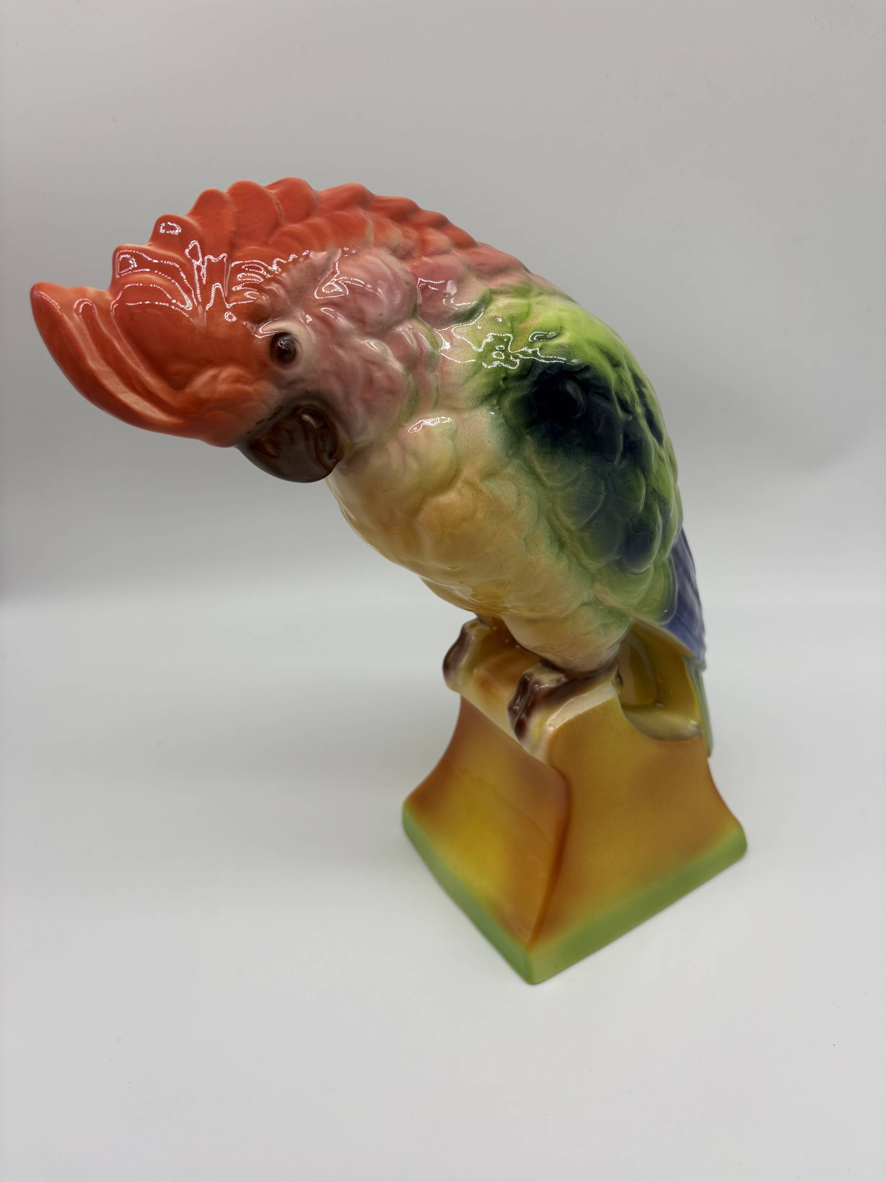 Large Cockatoo Saint-Clément France Hand-Painted Ceramic Tropical Bird