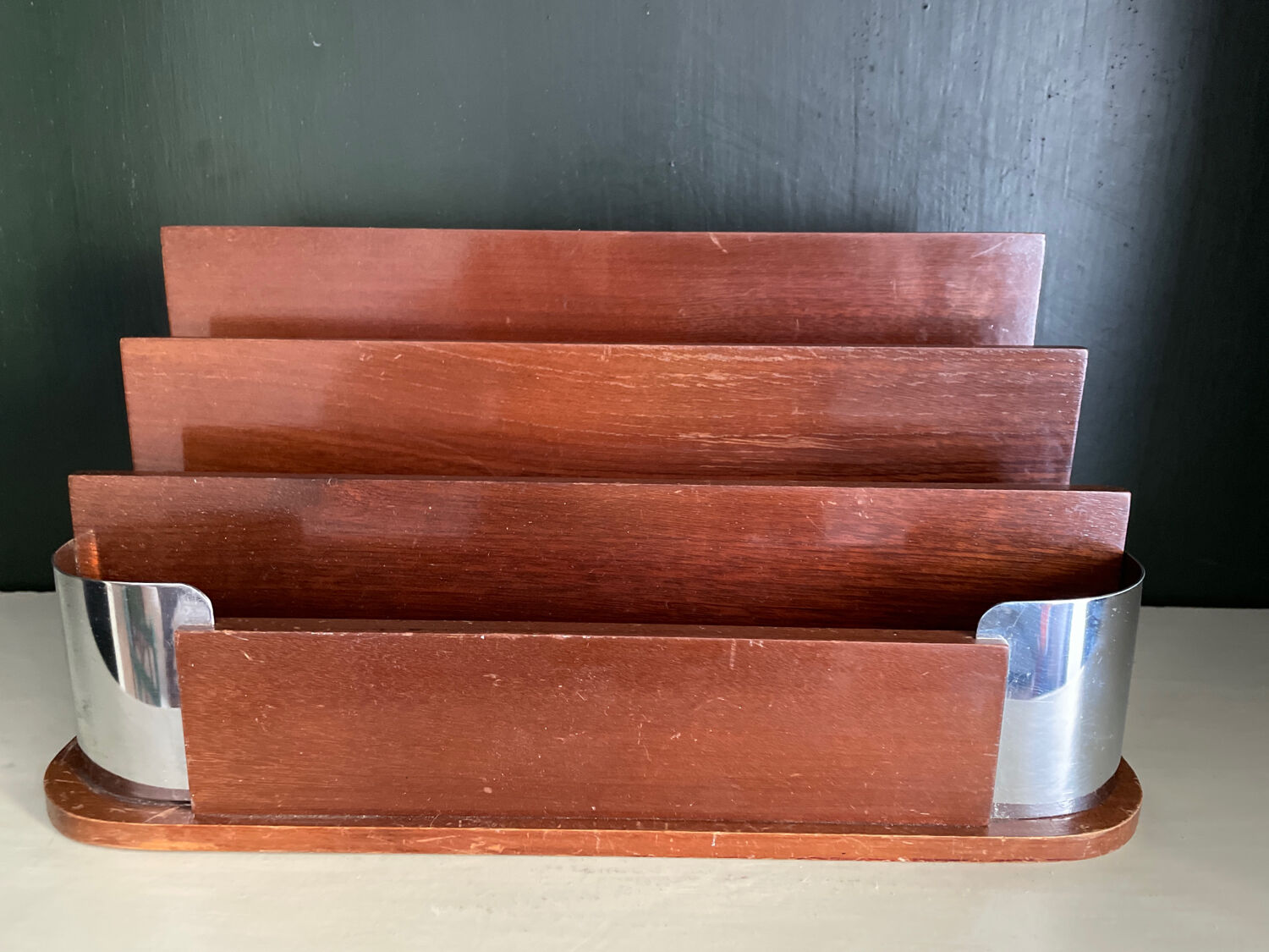 Art deco mail rack mahogany and chrome