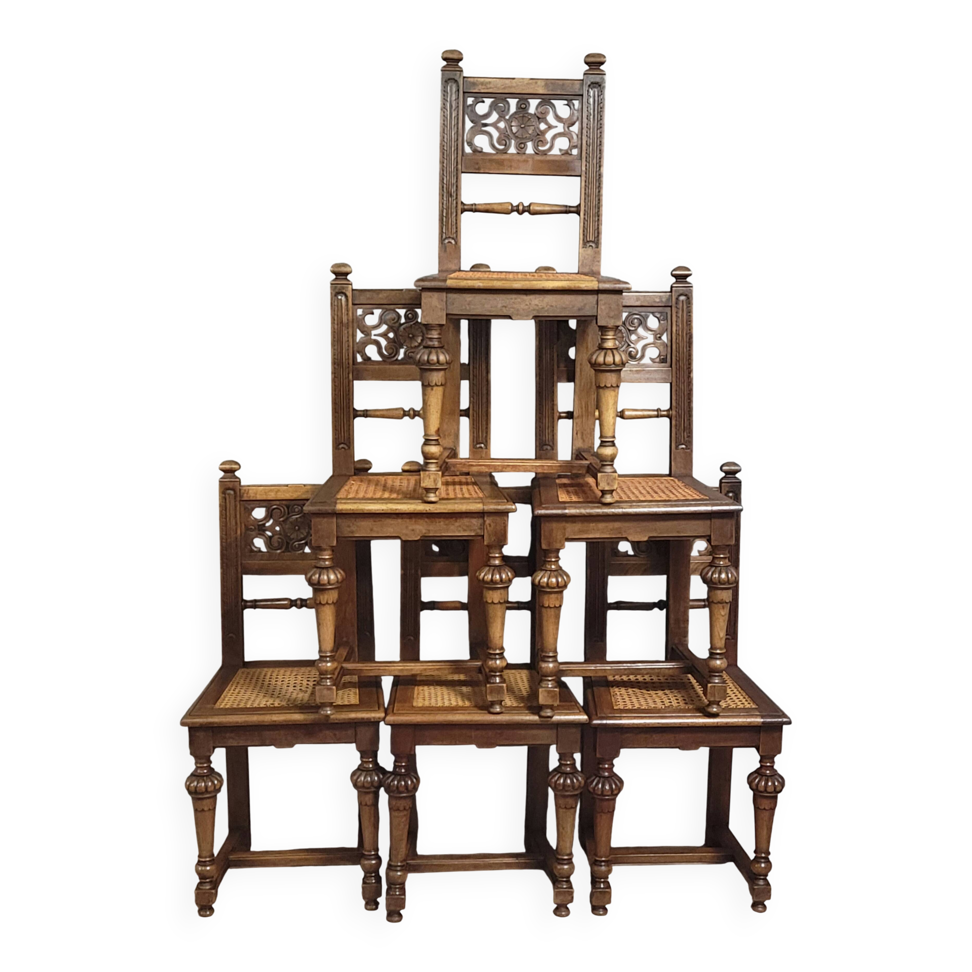 Set of six Renaissance-style chairs in solid wood
