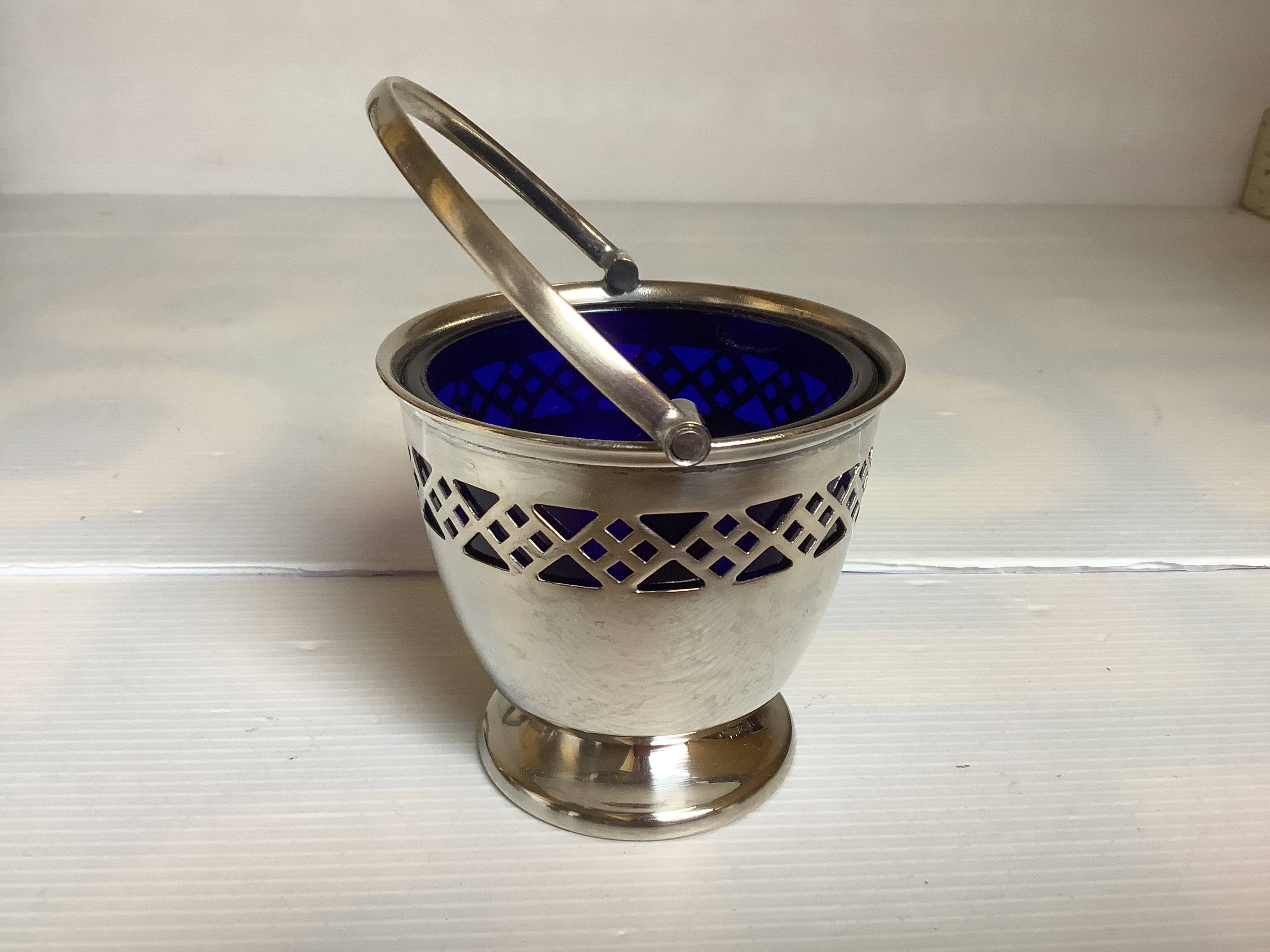 Blue and silver metal sweet jar.
