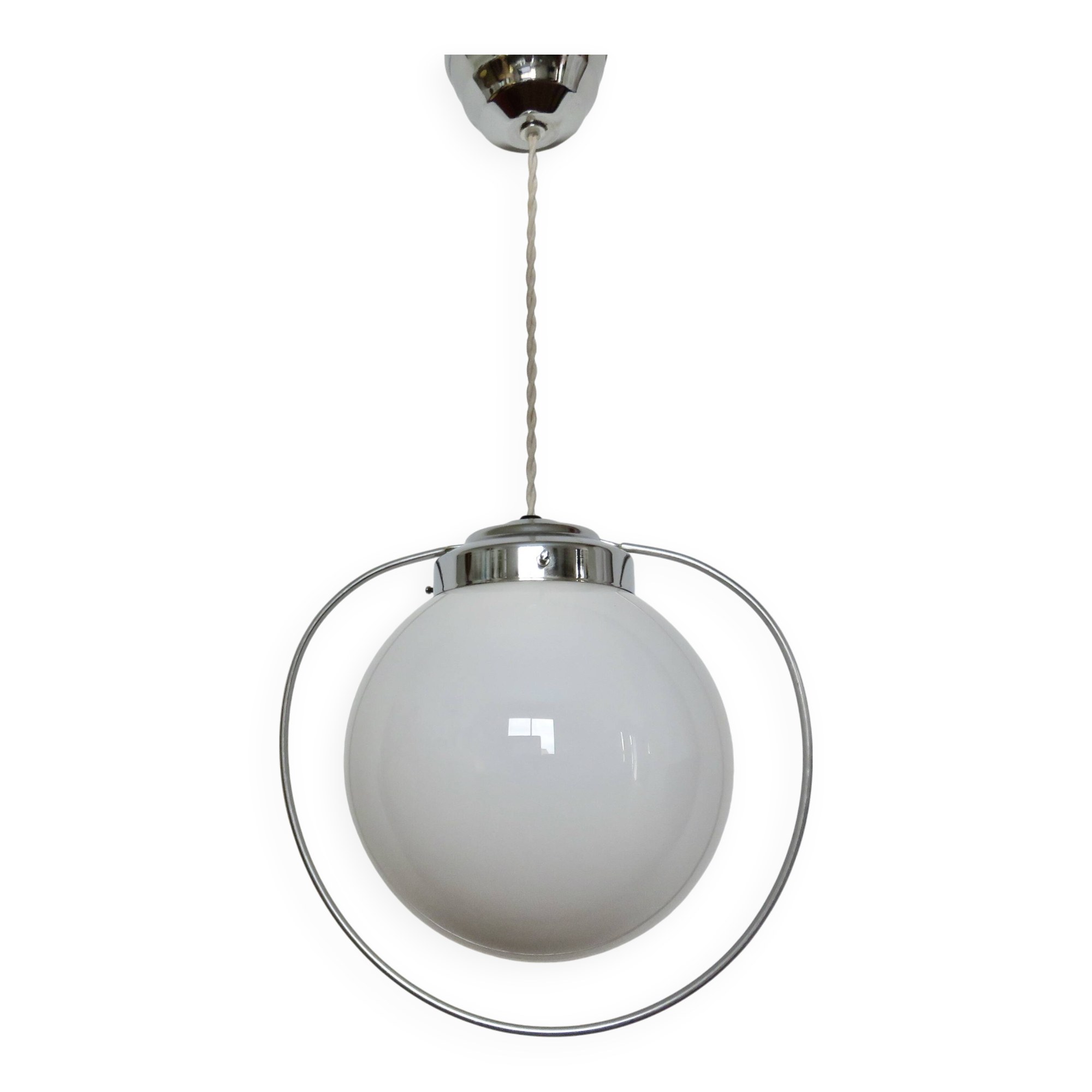 Art Deco pendant light in opaline and chrome-plated brass, 1930s-1940s
