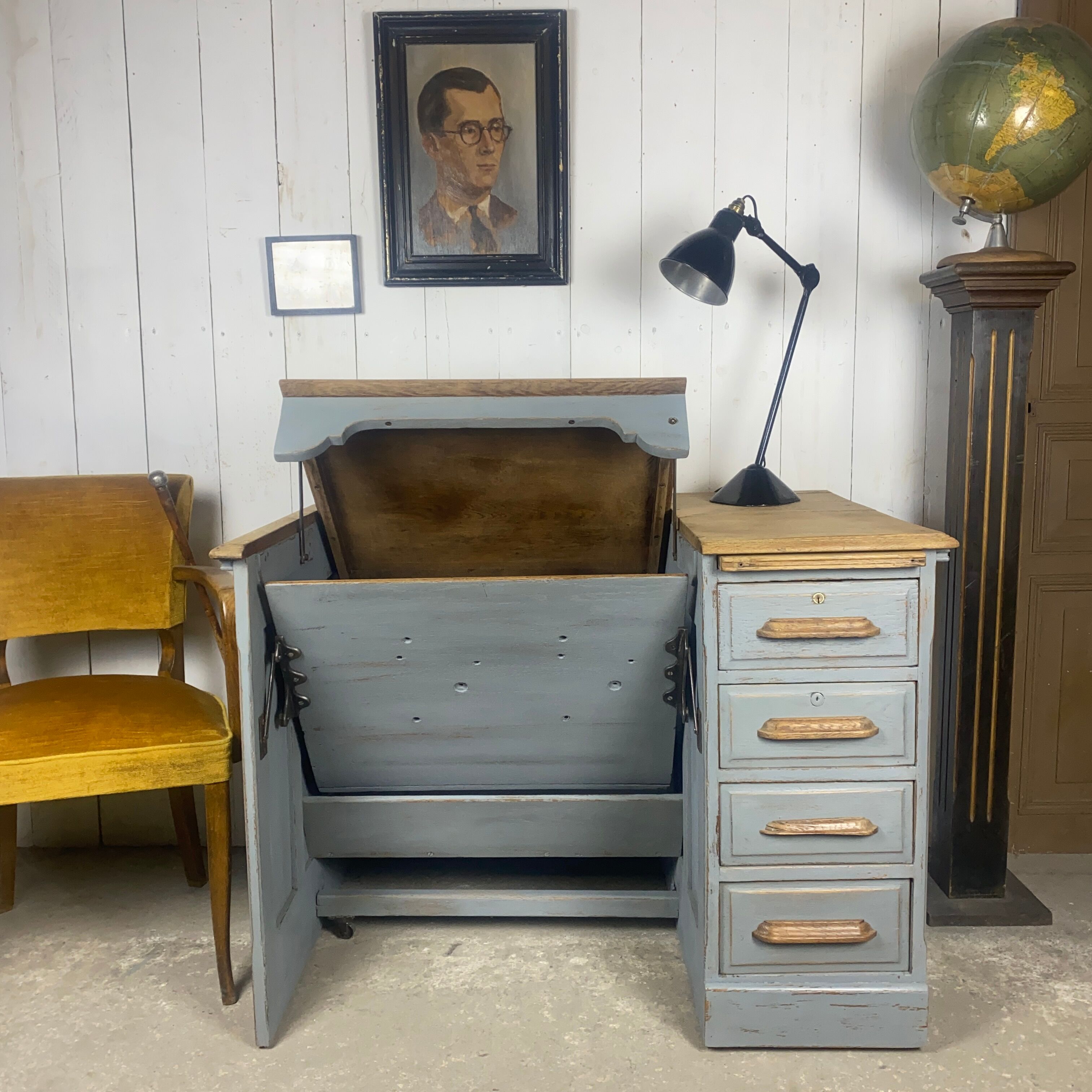 Bureau escamotable chêne patine