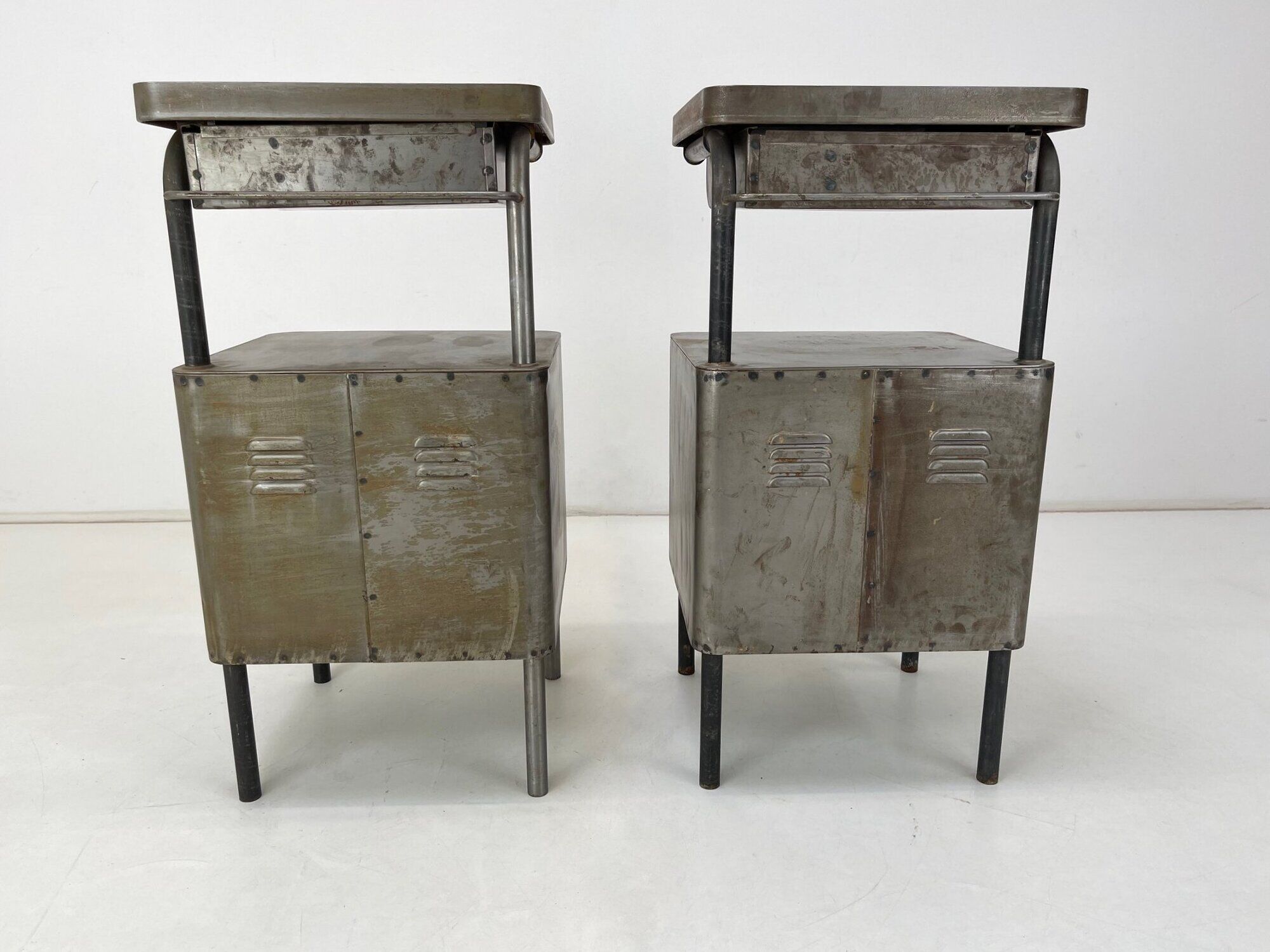 Vintage Industrial Brushed Steel Nightstands, 1920's