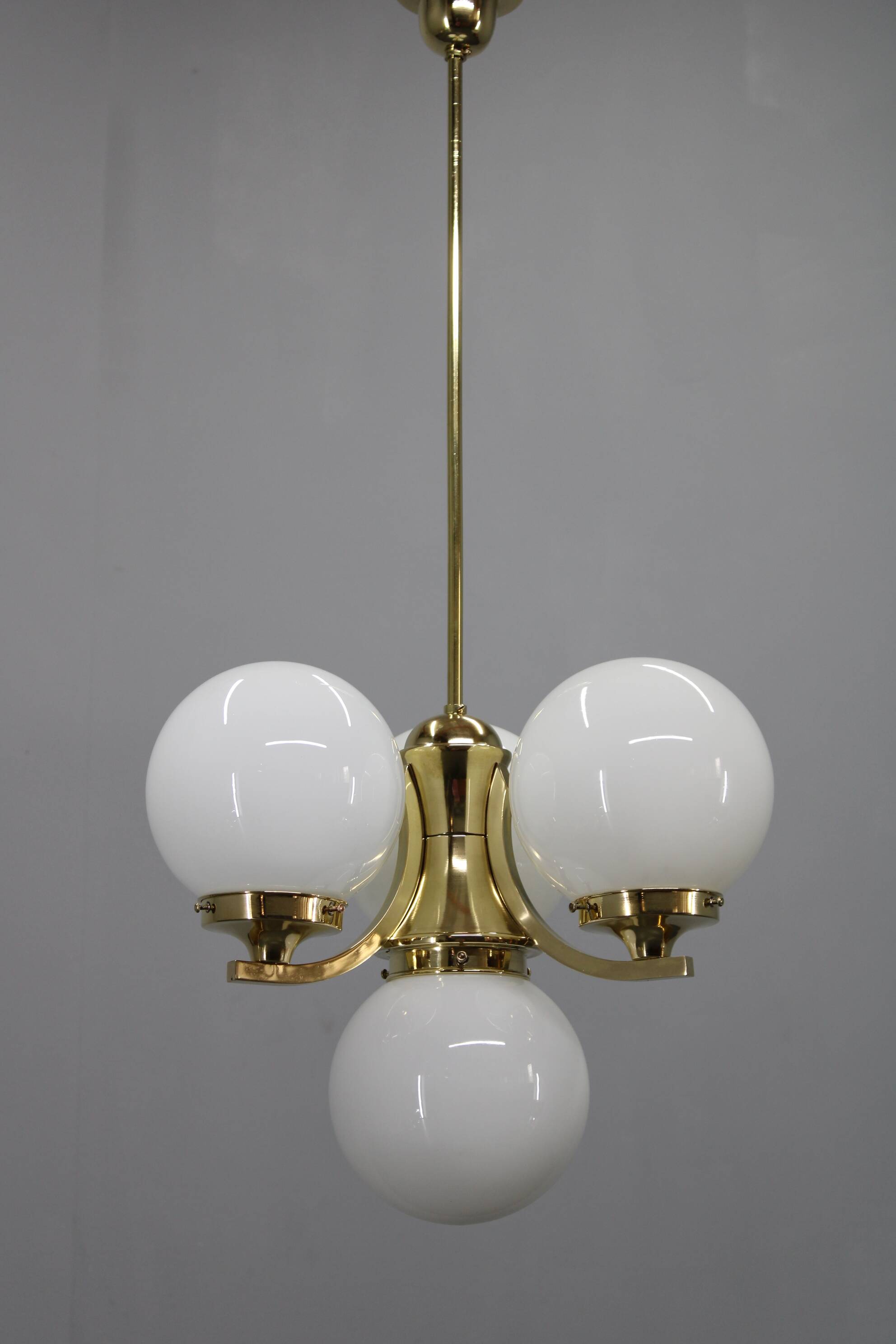 Art Deco brass chandelier with opaline glass, Czechoslovakia, 1930s