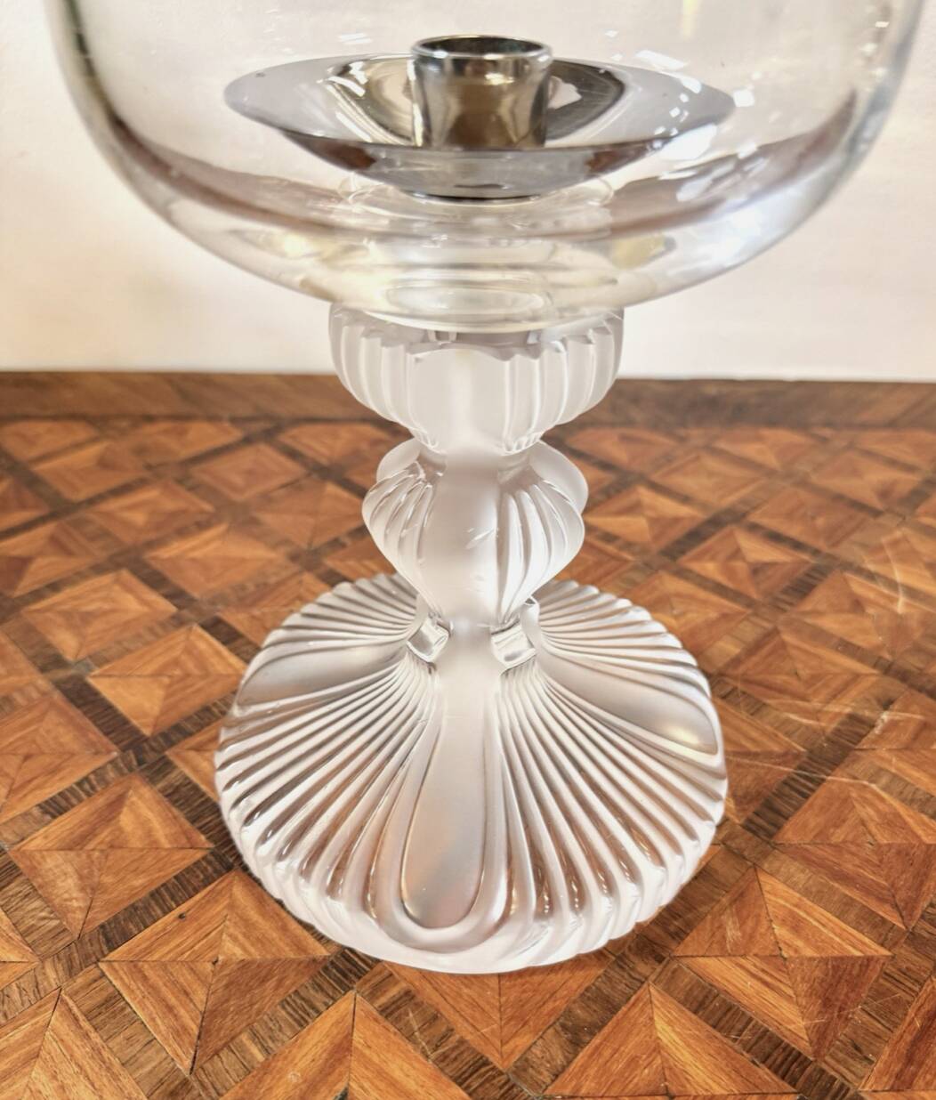 Pair of Lalique FRANCE crystal tealight holders – “Ouragan” model