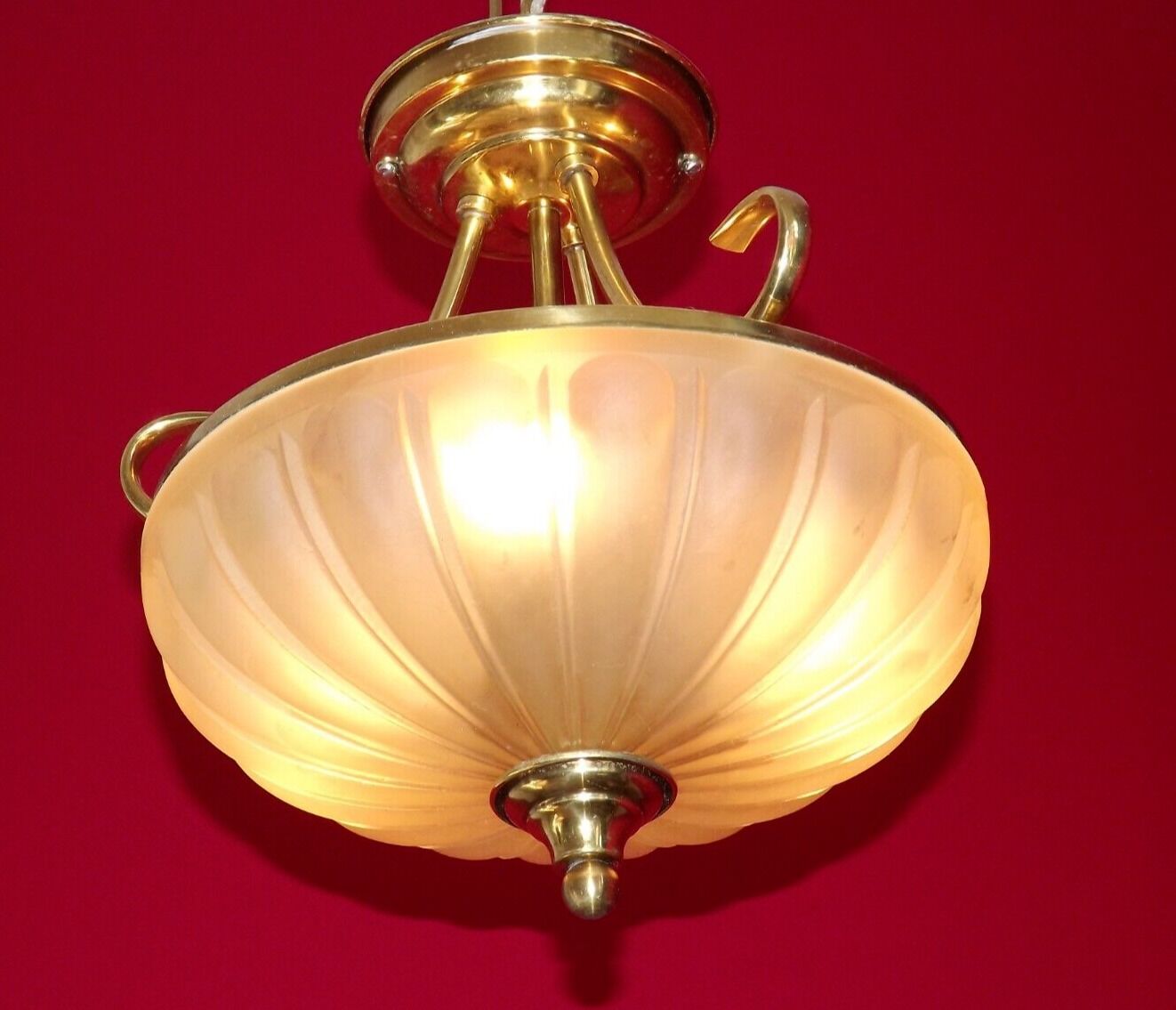 French mid century 3 bulb brass semi flush ceiling light opaque glass shade