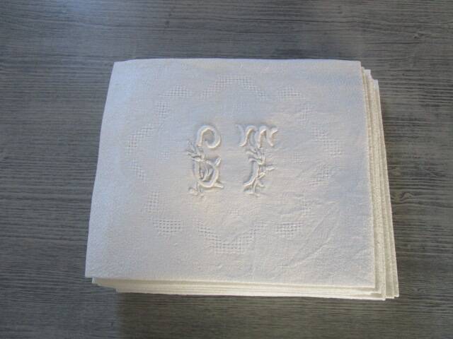 12 large antique damask table napkins, monogrammed