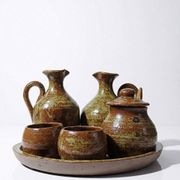 Vintage condiment service in glazed pyrite stoneware, artisanal Baudat La Borne style.