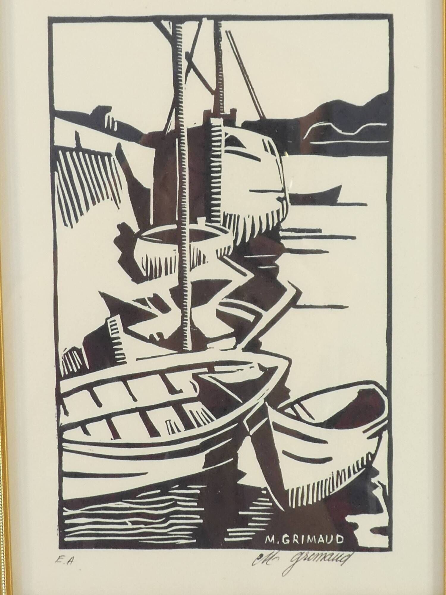Lithograph print artist's proof signed Mr.Grimaud boat at dock