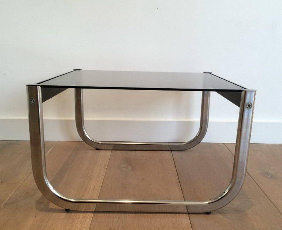 Pair of side tables in chrome, blackened wood and glass