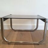 Pair of side tables in chrome, blackened wood and glass