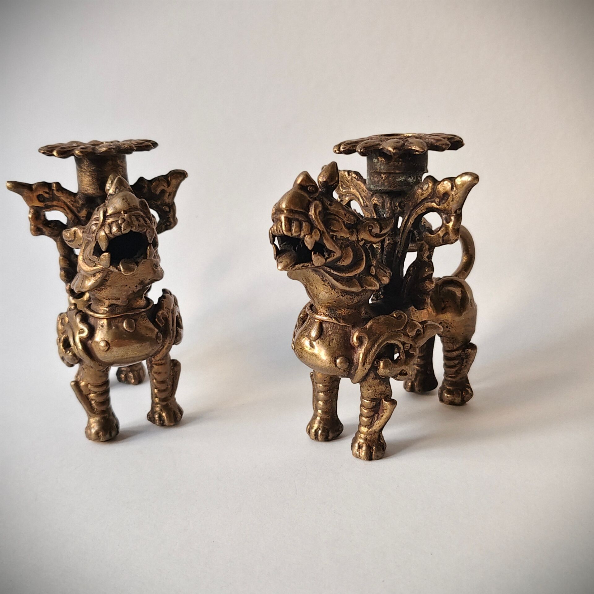 Pair of vintage brass candlesticks, Foo Dogs / Guardian Lions